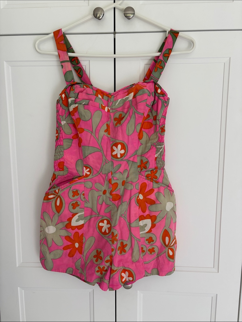 Pink Floral One-Piece Swimsuit Romper with Adjustable Straps
